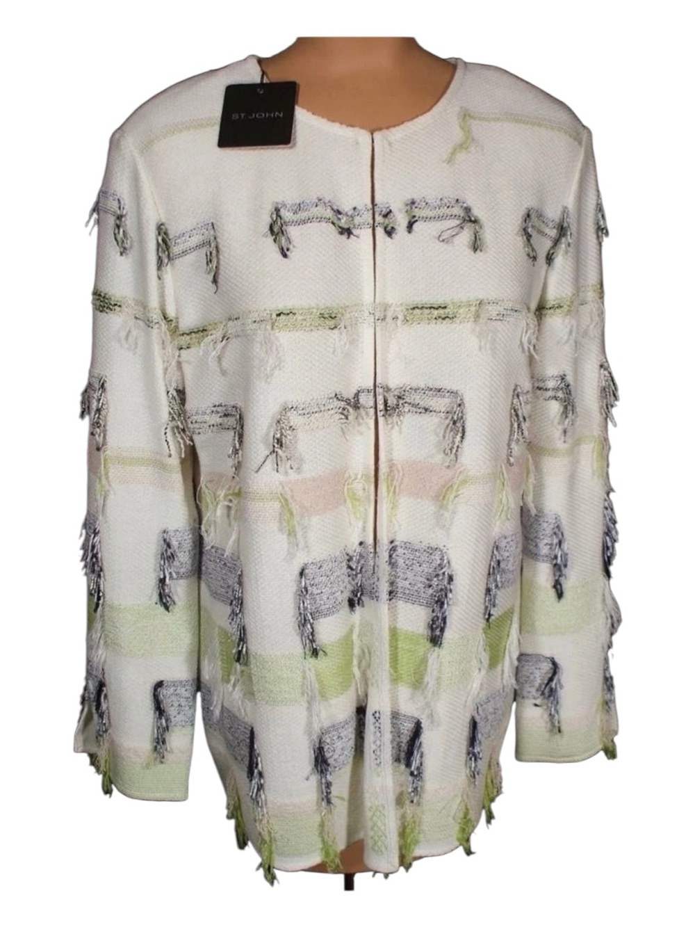NWT St John Textured Knit Novelty Fringe Cardigan w Pastel Woven Accent Sz 10